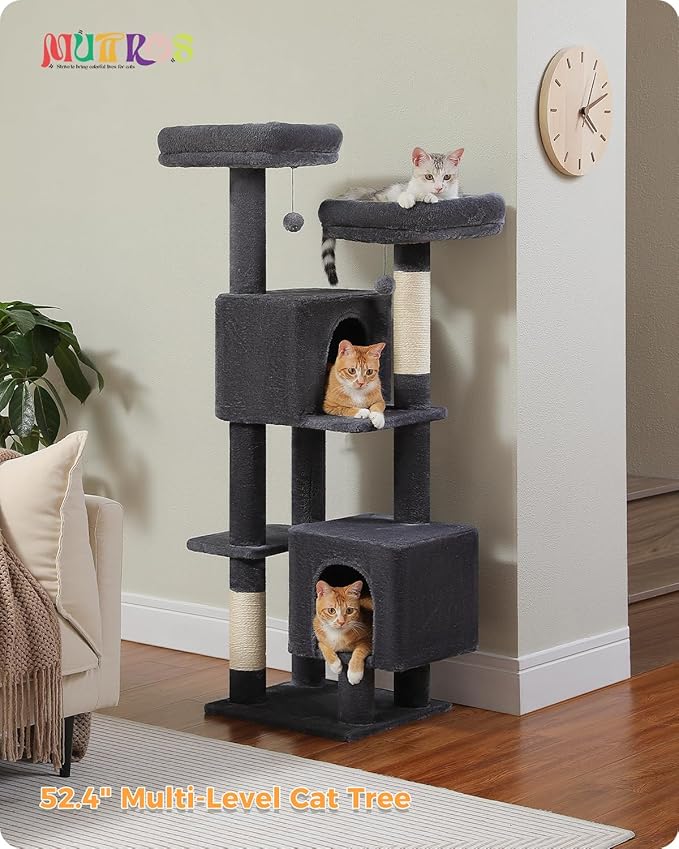 Cat Tree, 52.4" Multilevel Cat Tower for Indoor Cats, Plush Cat Tree House with 2 Padded Perches, 2 Condos & 2 Scratching Posts, Dark Gray