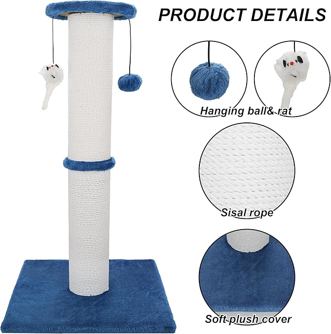 Cat Scratching Post 34 Inches Heavy Duty and Thicker Cat Scratching Post Sisal Rope with Hanging Ball and Mice Scratching Post for Indoor Cats and Adult(Navy Blue)