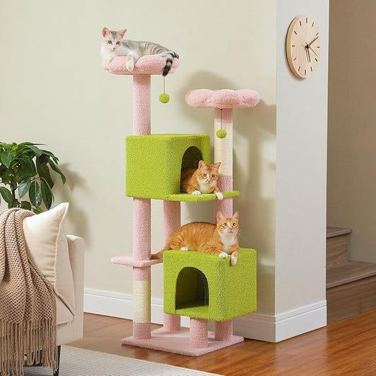 Flower Cat Tree, 52.4" Cute Cat Tower for Indoor Cats with 2 Flower Padded Perches, 2 Condos & 2 Scratching Posts, Pink