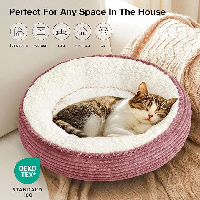 Love's cabin Round Donut Cat and Dog Cushion Bed, 20in Pet Bed for Cats or Small Dogs, Anti-Slip & Water-Resistant Bottom, Super Soft Durable Fabric Pet beds, Washable Luxury Bed Dusty Rose Stripe