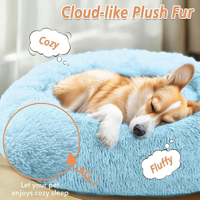 JOLLYVOGUE Calming Dog Bed Medium Size Dog, Anti-Anxiety Donut Medium Pet Bed, 31 inches Fluffy Faux Fur Round Cat Bed, Fits up to 45 lbs Pets (Light Blue)