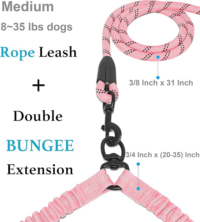 iYoShop Dual Dog Leash - 360° Swivel, No Tangle Walking Leash with Shock Absorbing Bungee for Two Dogs (Medium, 8-35 lbs, Baby Pink)