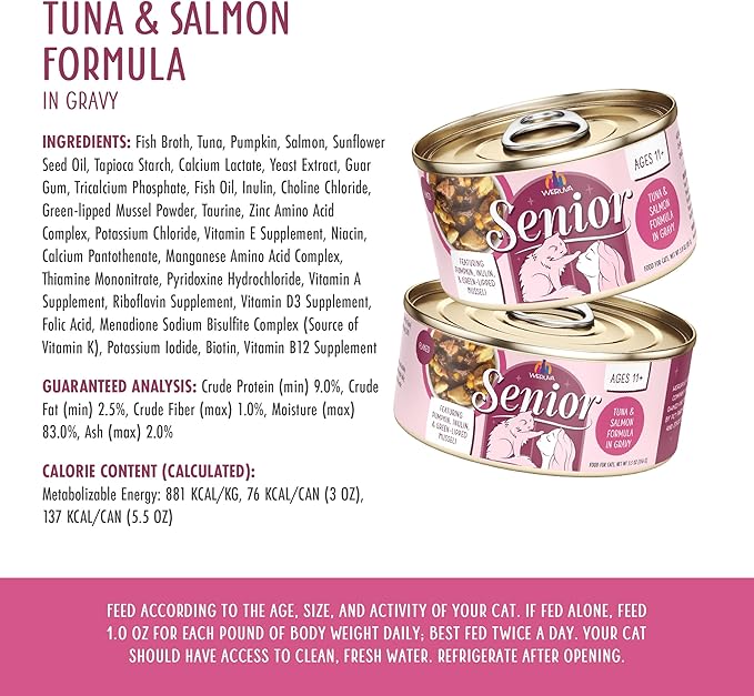 Weruva Senior Cat Food, Tuna and Salmon in Gravy, 5.5oz Can, Pack of 8