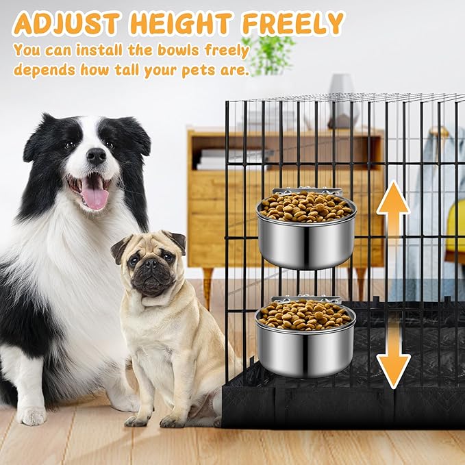 Water Bowl for Dog Crate, ShineMe Stainless Steel Pet Food Bowls for Kennel Cage No Spill, Attachable Dog Crate Bowls Hanging 2 Pack for Medium and Small Sized Dogs (5.5 x 2.9” & 4.9 x 3.3”)