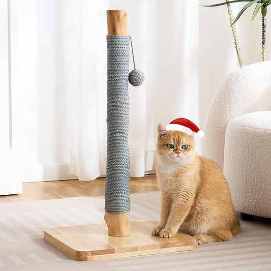 29" Tall Cat Scratching Post for Indoor Cats Adults, Extra-Stable & Natural Solid Wood Scratching Post Sisal Scratcher with Hanging Funny Ball, Gray