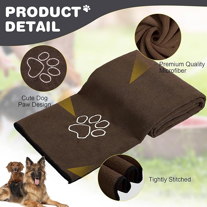 Chumia 4 Pack Dog Towels for Drying Large Microfiber Grooming Tools Absorbent Soft Bath Supplies with Embroidered Paw for Small Medium Pet Products (30 x 50 Inch,Blue,Black,Gray,Brown)