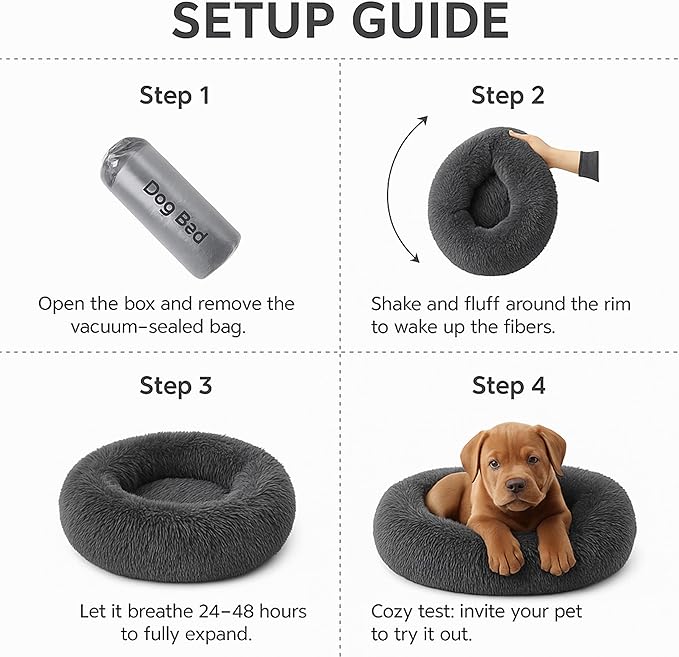 Calming Dog Bed - Fluffy Donut Cuddler for Anxiety Relief, Orthopedic Pet Bed with Non-Slip Bottom, Cozy Round Faux Fur Nest for Dogs and Cats, Plush Crate Mat for Comfort (Dark Grey, Small +)