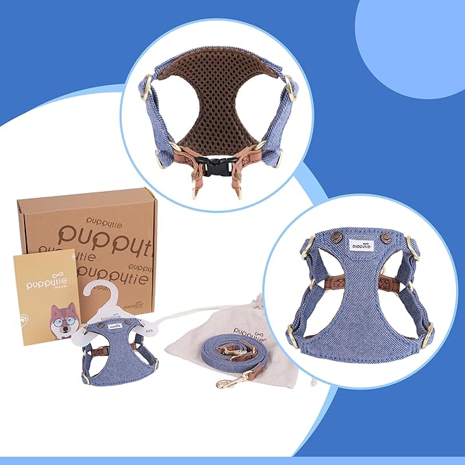 Puppytie No Pull xs Dog Harness with Multifunction Dog Leash,Soft Adjustable No Choke Escape Proof Pet Harness Vest,denimn Light Blue,XS