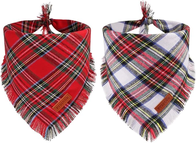 PTDECOR Christmas Dog Bandanas with Tassels Edges, Stylish Red White Plaid Scarf Bib, Premium Cotton Fabric, Reversible Triangle Xmas Bandanas for Medium Large Dogs Pets (Large)