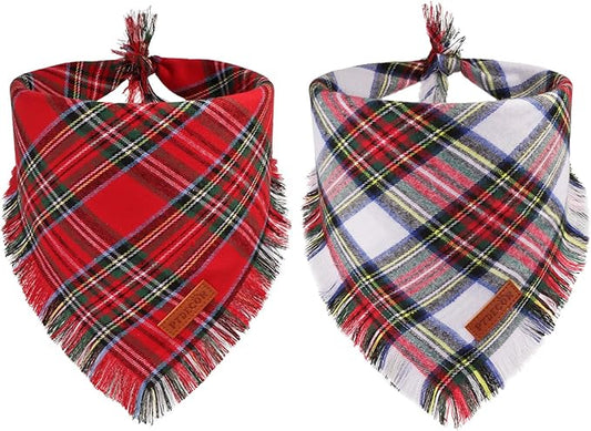 PTDECOR Christmas Dog Bandanas with Tassels Edges, Stylish Red White Plaid Scarf Bib, Premium Cotton Fabric, Reversible Triangle Xmas Bandanas for Medium Large Dogs Pets (Large)