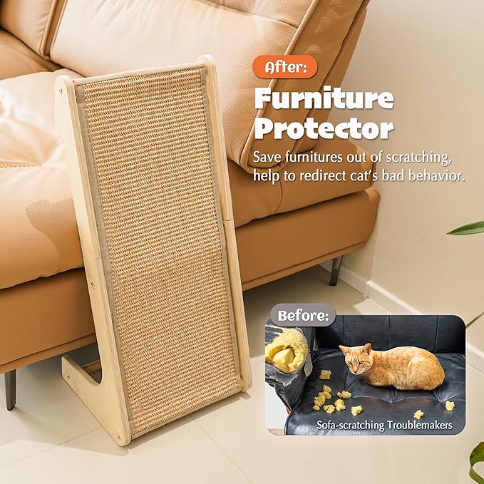 PETKARAY Sisal Cat Scratcher Ramp, L Shaped Scratching Post and Scratch Pad for Indoor Cats, Wall Furniture Protector(Large)