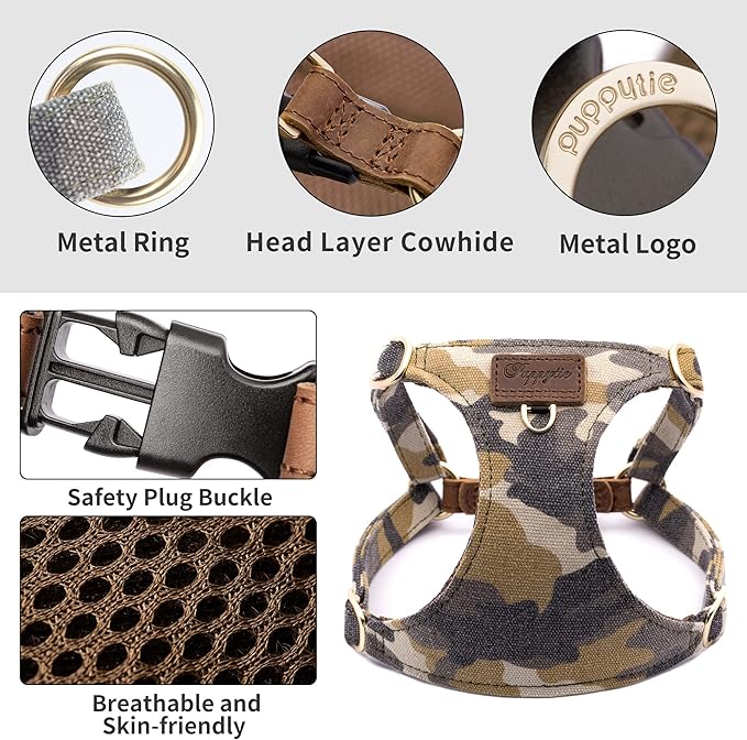 Puppytie Dog Harness & Multi-Function Leash Set for Medium Dogs - Camouflage Brown-L, No Pull Function, Soft Dog Vest Design