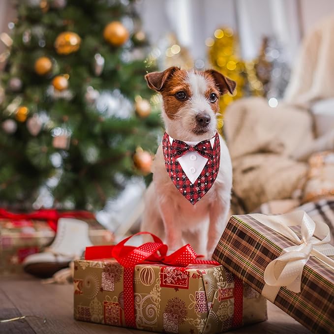 ADOGGYGO Christmas Dog Tuxedo Bandana, Red Plaid Pet Chritstmas Tux with Bowtie Adjustable Christmas Formal Costume for X-Small Dogs Pets (XS)
