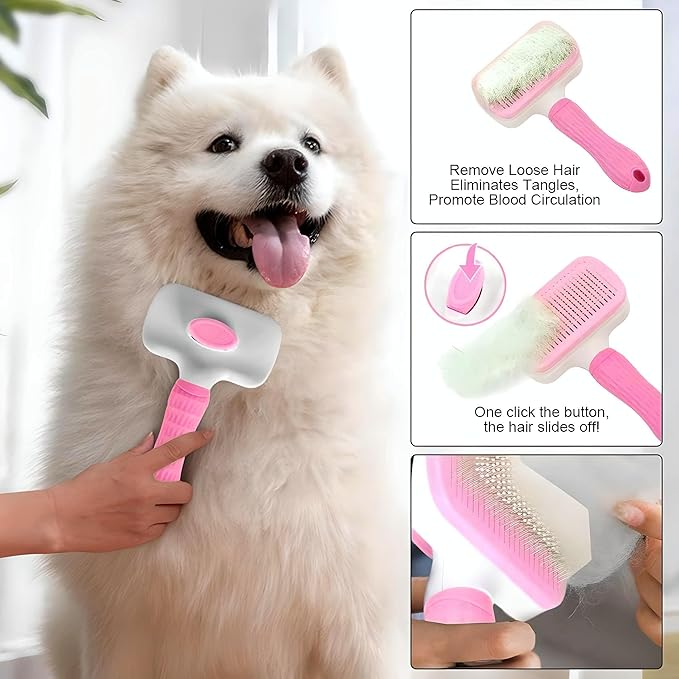 Generic Pink Cat grooming brush, Pet hair brush with Massage Particles, Self Cleaning Dematting Comb for Dogs and Cats, Easy to Use, Ergonomic Handle Design