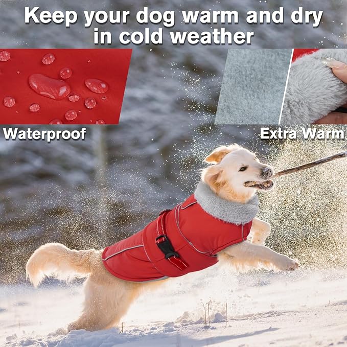 Lelepet Warm Dog Coat Waterproof Dog Jacket Reflective Fleece Vest with Adjustable Buckle Hook & Loop, Windproof Winter Jacket Dogs Coats for Small Medium Large Dogs, Red, M