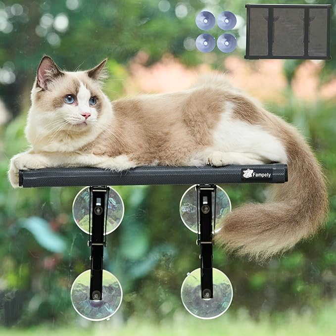 17" Small Cat Window Perch (1pc) for Narrow Space,Foldable,Cordless,Hold Up 60lbs,All Preassembled,4pc Extra Suction Cup,Sturdy Underneath Support,Textilene Seat Bed,Easy Clean,Quick Dry-Black