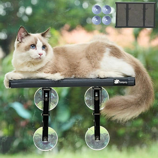 17" Small Cat Window Perch (1pc) for Narrow Space,Foldable,Cordless,Hold Up 60lbs,All Preassembled,4pc Extra Suction Cup,Sturdy Underneath Support,Textilene Seat Bed,Easy Clean,Quick Dry-Black
