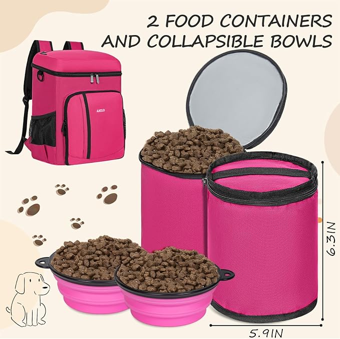 ANILD Dog Travel Backpack - Airline Approved Double-layer Pet Travel Bag Accessories with 2 Food Storage Bag and 2 Foldable Silicone Bowls for Hiking & Camping