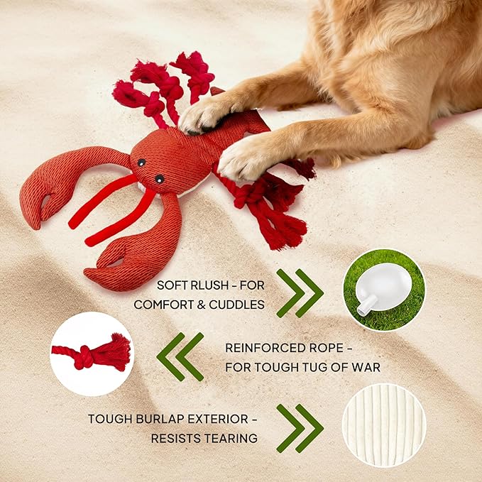 TwoEar Lobster Squeaky Dog Toys, Plush Chew Toy with Tug Rope for Small Medium Large Dogs, Interactive Stuffed Toys Indoor Outdoor Play