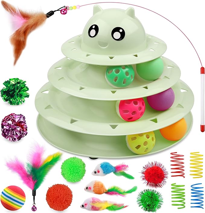 UPSKY 20 PCS Cat Toys - 3-Level Turntable Roller With Balls for Indoor Cats, Kitten Set With Teaser, Mice, Spring, and Various Ball Toys