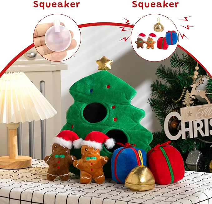 Hollypet Squeaky Dog Toy, Interactive Plush Hide and Seek Dog Toys for Small Medium Sized Dogs and Non-Aggressive Chewers, Puppy Teeth Clean Chew Toys, Christmas Tree