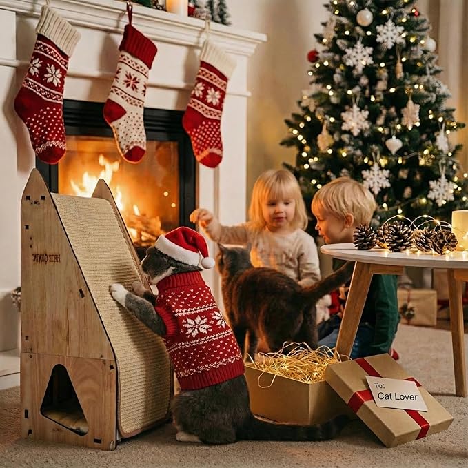 Enhanced Wood-Framed Cat Scratching Post: Large Sisal Cat Scratcher, Integrated Scratch Post Pad Condo Tunnel House. All-in-One Space Saver for Multi-Cat & Budget-Friendly Homes (32in)