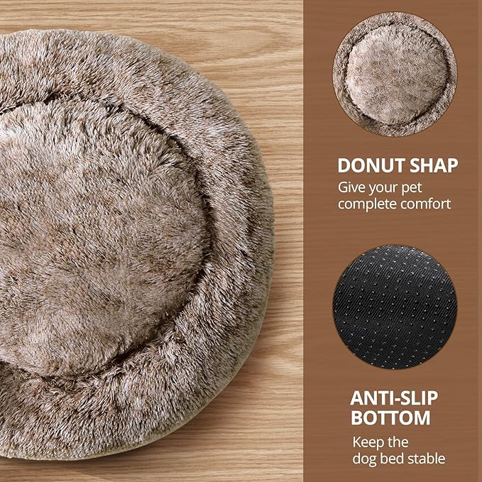 JOLLYVOGUE Calming Dog Bed Large Size Dog, Anti-Anxiety Donut Large Pet Bed, 36 inches Fluffy Faux Fur Round Cat Bed, Fits up to 75 lbs Pets (Smoke Brown)