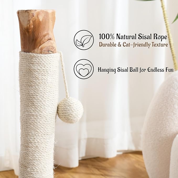 29" Tall Cat Scratching Post for Indoor Cats Adults, Extra-Stable & Natural Solid Wood Scratching Post Sisal Scratcher with Hanging Funny Ball, White