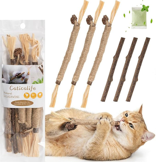 6Pcs Silvervine Sticks for Cats with Catnip Bag, Cat Chew Toys for Teeth Cleaning and Anxiety Relief, Natural Dental Care Kit for Indoor Cats & Kittens