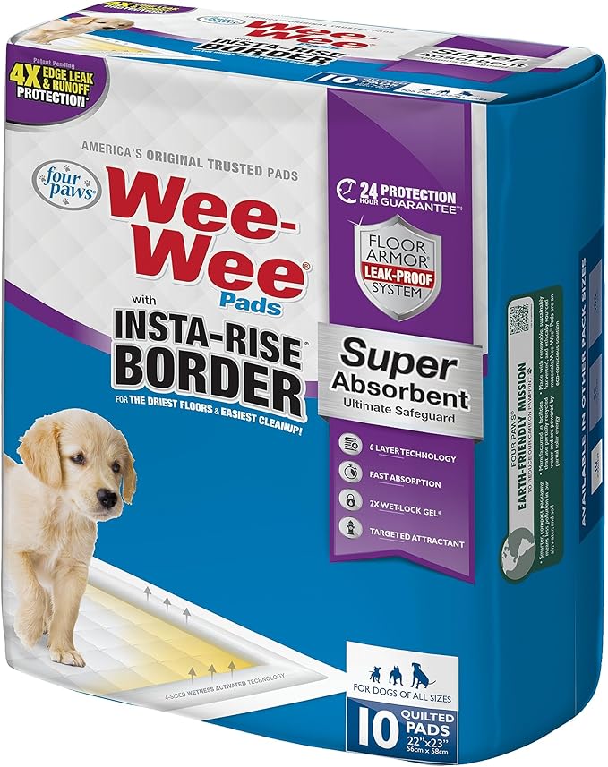 Four Paws Wee-Wee Super Absorbent Unscented Pee Pads for Dogs & Puppies with Insta-Rise Border, Leak-Proof Dog Housebreaking Potty Training Floor Protection, 22" x 23", 10 Count