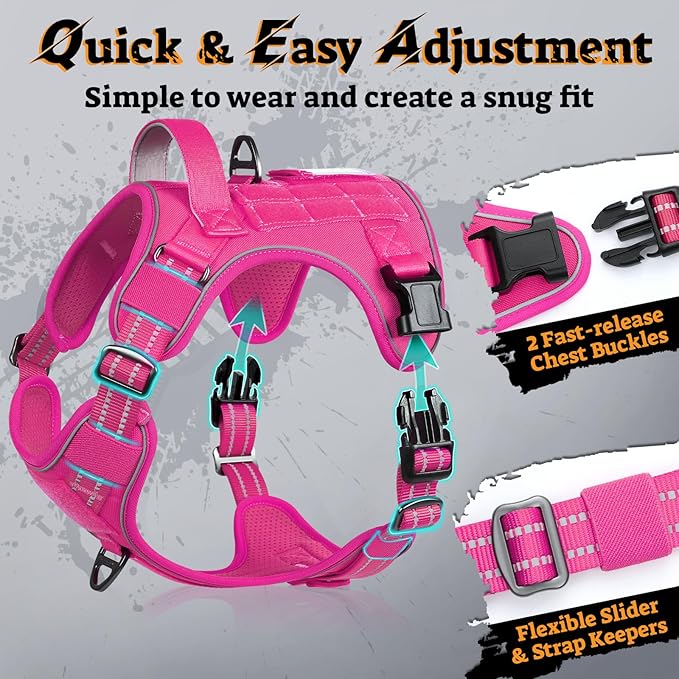 rabbitgoo Dog Harness for Large Dogs No Pull, Tactical Service Pet Vest with Molle and Control Handle, Adjustable and Reflective Military Harness for Easy Walking and Training, Rose Red, XL