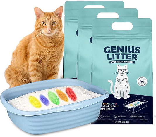 Genius Litter Health Indicating Cat Litter with Non-Clumping Lightweight Color Changing Silica Gel Crystals As Seen on Shark Tank, Non Clumping, Super Absorbent Odor Control (3 Bag (18lb))