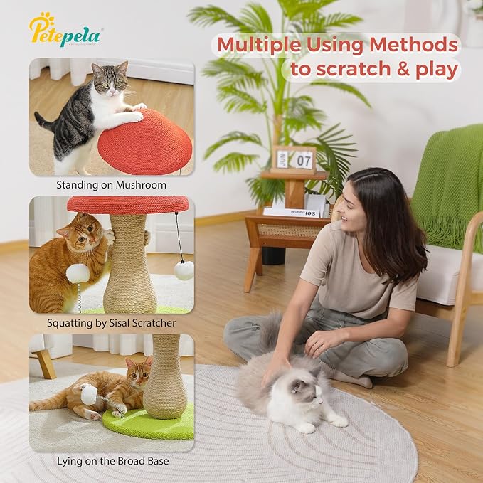 PETEPELA Mushroom Cat Scratching Post, Cat Scratcher Cute with 100% Sisal Covered Scratching Post & Pompoms Toy, Mushroom Cat Post for Indoor Cats