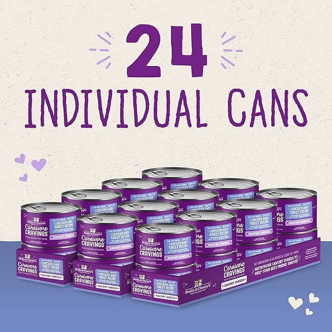 Stella & Chewy's Carnivore Cravings Savory Shreds - Wet Cat Food - High-Moisture Formula with Premium Real Meat - Perfect for Picky Eaters - Chicken & Turkey, 5.2 oz, 24 Count