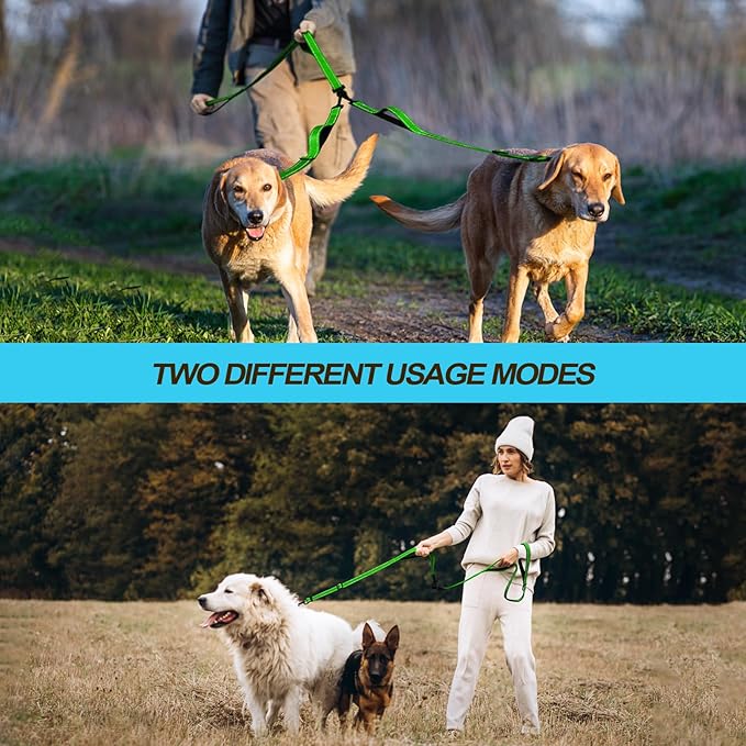 PetBonus Double Dog Leash, No Tangle Dual Leash, Reflective Walking Training Lead, 4 Comfortable Padded Handles for 2 Dogs with Collapsible Bowl and Waste Bags (Grass Green, Large)