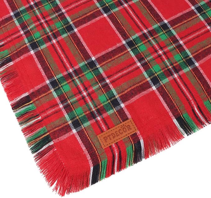 PTDECOR Christmas Dog Bandanas with Tassels Edges, 2 Pack Red Green Plaid Scarf Bib, Reversible Triangle Xmas Bandanas for Extra Large Dogs (X-Large)
