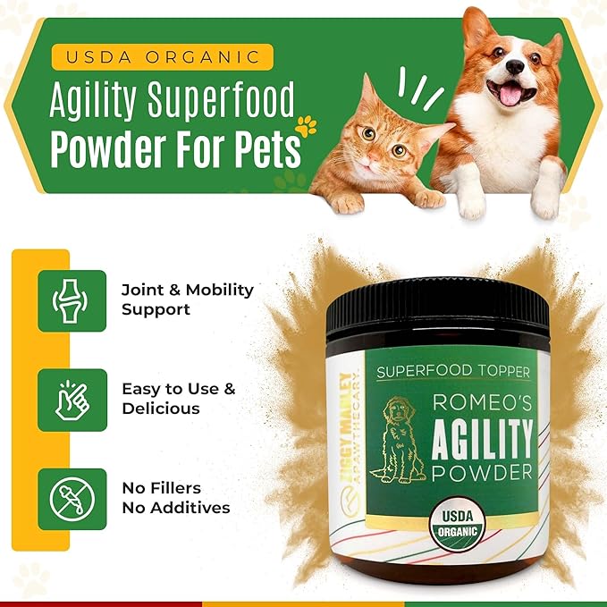 Organic Agility Superfood Powder for Dogs & Cats – Support Agility & Mobility - USDA Organic Bone Broth, Turmeric, & 3 Functional Mushrooms
