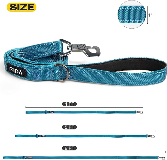 Fida 5 FT Heavy Duty Dog Leash with 2 Comfortable Padded Handles, Traffic Handle & Advanced Easy Snap Hook, Reflective Walking Lead for Large, Medium & Small Breed Dogs, Blue