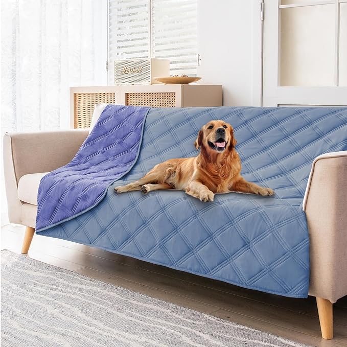 fuguitex Waterproof Dog Blanket Reversible for Small Dogs Resistant Leakproof Washable Couch Cushion Bed Protector Cover for Indoor Furniture Pet Friendly(52"*82",Violet Blue+ Light Blue)