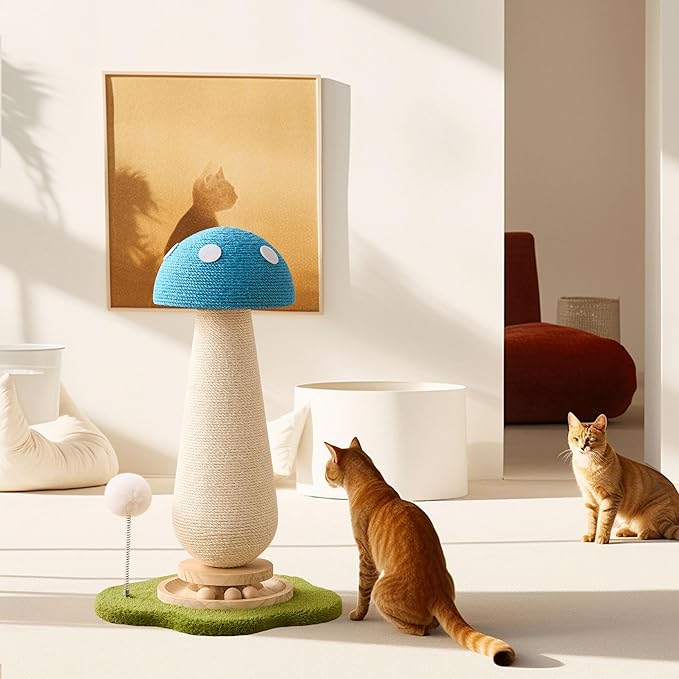 Mushroom Cat Scratching Post Cat Tree, 21.5‘’ H Cute Cat Scratcher Tower with Durable Solid Wood Turntable Toy, Mushroom Scratch Post Cat Sisal Scratcher with Catnip for Indoor Adult Cats-Blue