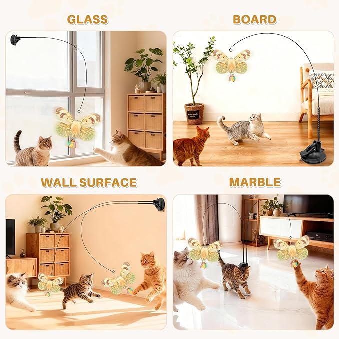 Walfront Interactive Cat Wand Toy with Butterfly Attachments, Durable Dual-Head Base, Replaceable Heads, Hands-Free Self-Play Indoor Entertainment for Kittens & Adult Cats