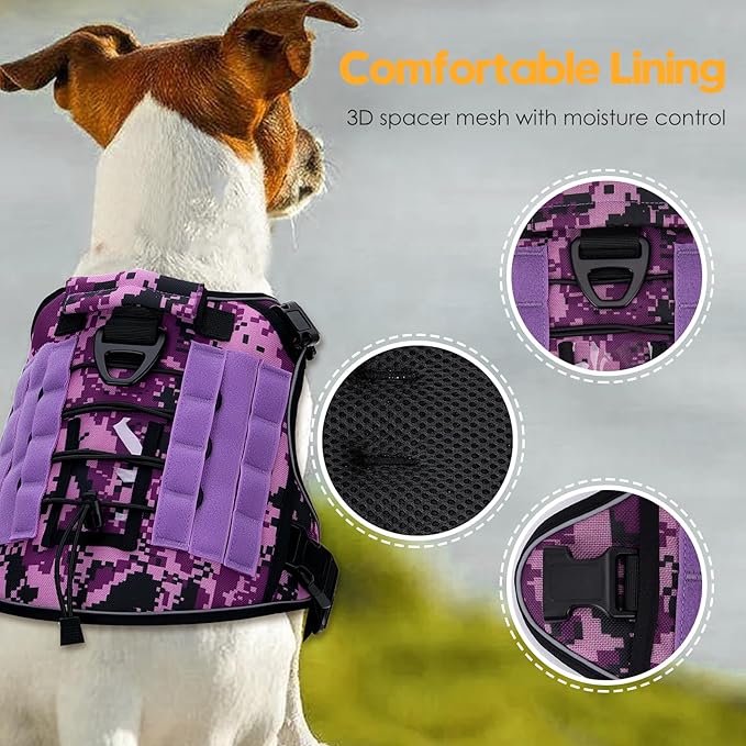 Heavy-Duty Tactical Dog Harness for Large Dogs, No Pull Adjustable Reflective Pet Vest with Molle System, K9 Military-Grade Control for Service Training, Outdoor & 10+ Breeds, Purple Camo, X-Large