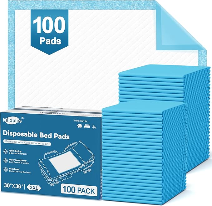 100 Count Disposable Bed Pads 30''X36'' MILDPLUS Super Absorbent Underpads, Disposable Extra Large Chucks Pads, Incontinence Pads for Adults, Children's Bedwetting Pads, Puppy Pads