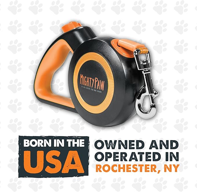 Mighty Paw Retractable Dog Leash 2.0 | 16' Heavy Duty Reflective Nylon Tape Lead for Pets up to 0-50 lbs. Tangle Free Design W/One Touch Quick-Lock Braking System & Anti-Slip Handle (Orange/Lite)
