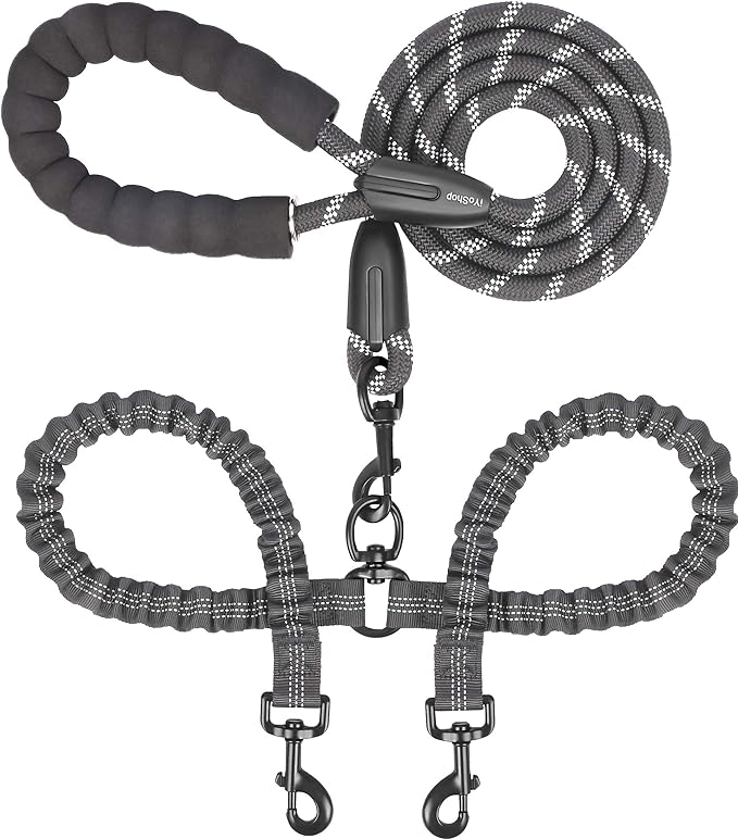 iYoShop Dual Dog Leash - 360° Swivel, No Tangle Walking Leash with Shock Absorbing Bungee for Two Dogs (Large, 25-150 lbs, Black)