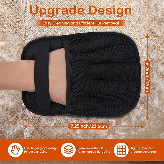 2Pcs Pet Hair Removal Gloves for Cats & Dogs: Upgraded Five-Finger Electrostatic Magic Brush | Reusable Pet Fur Remover Glove for Laundry, Couch, Carpet, Car Seats, Furniture & Clothing (Black)