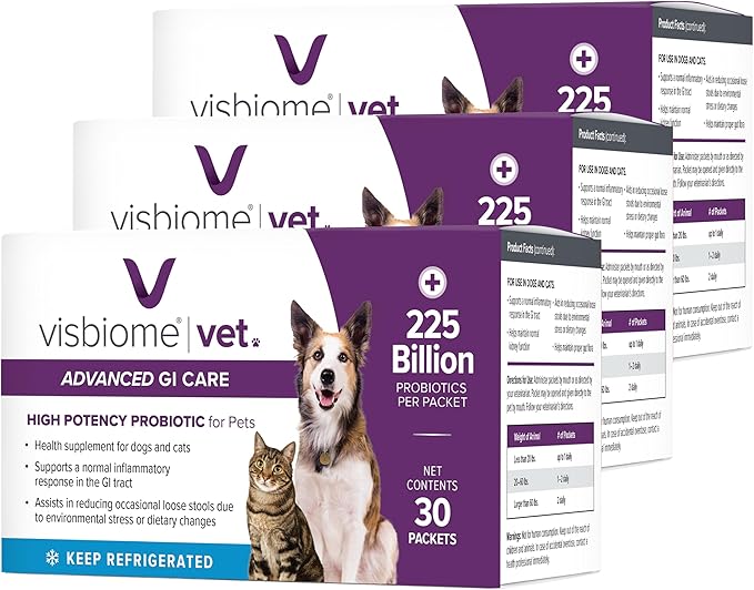 Visbiome® Vet Advanced GI Care High Potency Probiotic for Dogs & Cats – 225B CFU, 8-Strain Formula – Refrigerated, Veterinarian Recommended, Clean Label Certified – 90 Packets
