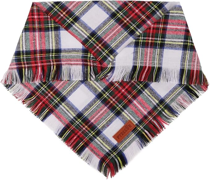 PTDECOR Christmas Dog Bandanas with Tassels Edges, Stylish Red White Plaid Scarf Bib, Premium Cotton Fabric, Reversible Triangle Xmas Bandanas for Medium Large Dogs Pets (Large)