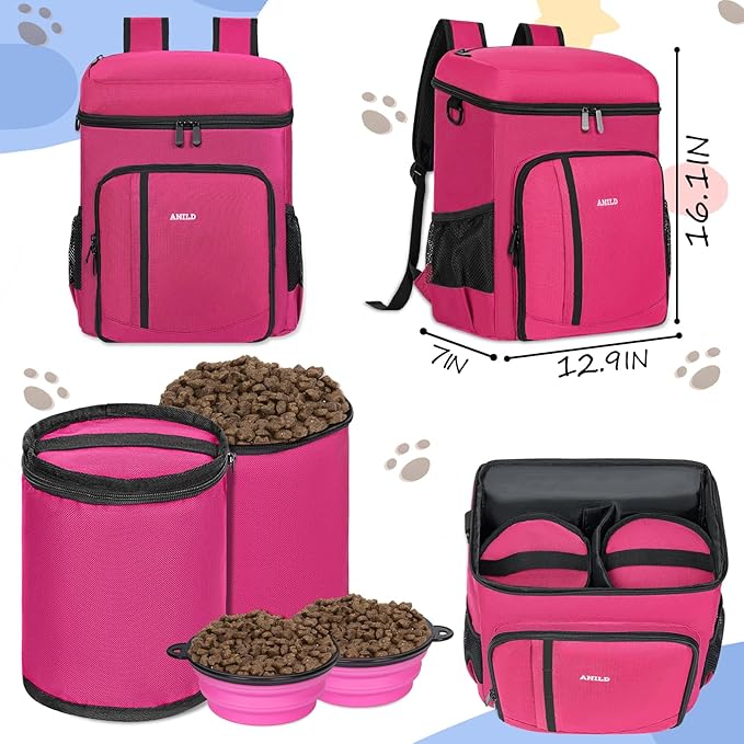 ANILD Dog Travel Backpack - Airline Approved Double-layer Pet Travel Bag Accessories with 2 Food Storage Bag and 2 Foldable Silicone Bowls for Hiking & Camping