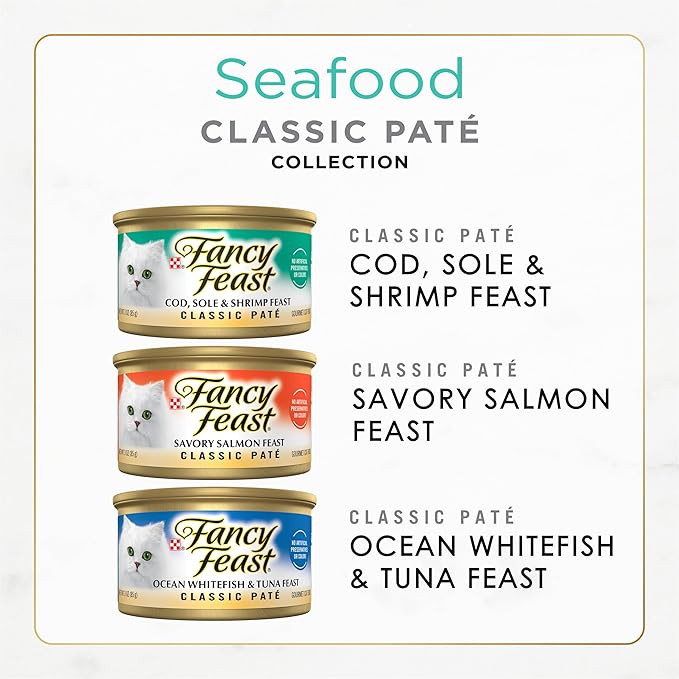 Purina Fancy Feast Seafood Classic Pate Collection Grain Free Wet Cat Food Variety Pack - (2 Packs of 12) 3 oz. Cans